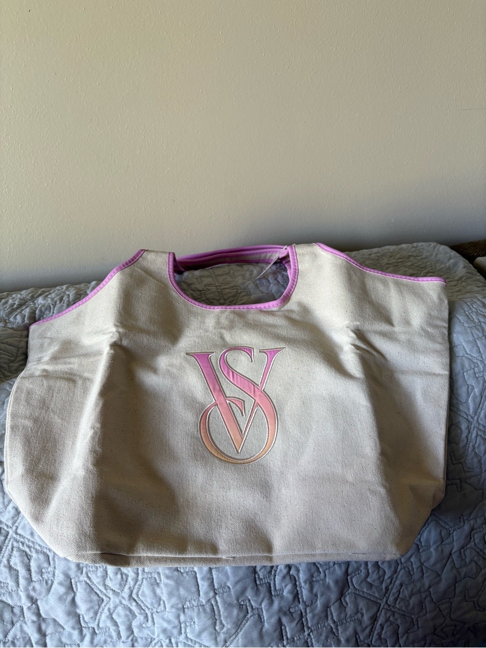 Victoria's Secret Cream Canvas Tote with Pink Trim and Embossed Logo